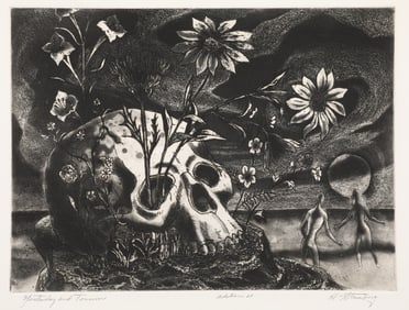 HARRY STERNBERG "YESTERDAY AND TOMORROW" PENCIL SIGNED ENGRAVING SKULLS