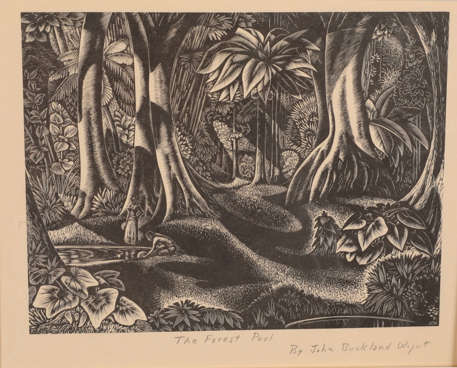 JOHN BUCKLAND-WRIGHT (1897-1954) "THE FOREST POOL" 1939 WOOD ENGRAVING PRINT: A vintage wood engraving print by American artist John Buckland-Wright (1897-1954) entitled "The Forest Pool". 1939. Pencil signed and titled lower recto. Published by the Woodcut Society of Kansas Ci