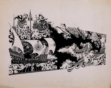 ORIGINAL PEN & INK ILLUSTRATION PIRATE SHIP ON WAVES