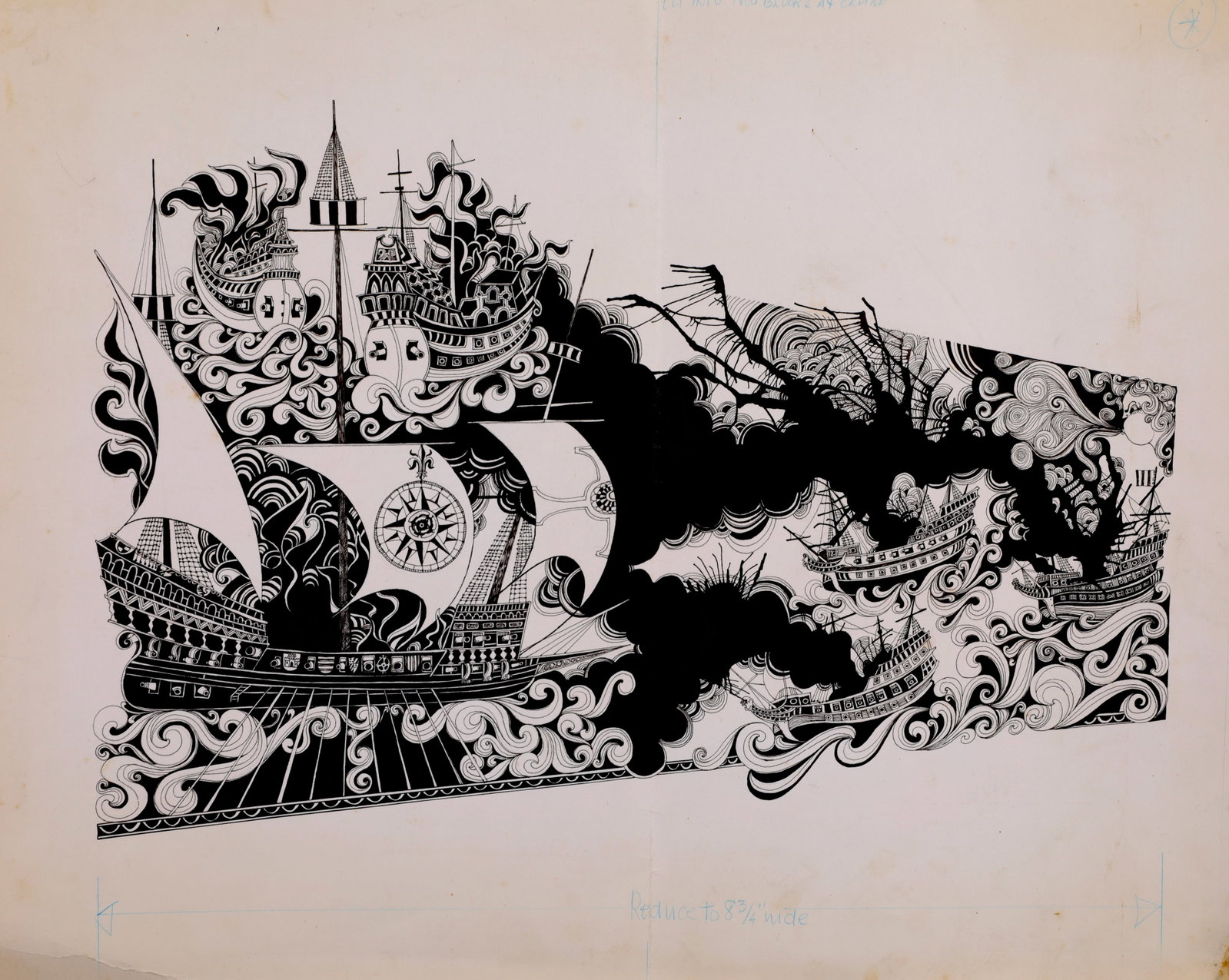 ORIGINAL PEN & INK ILLUSTRATION PIRATE SHIP ON WAVES: An original pen and ink illustration of a pirate ship and waves. A great original piece that was likely used as a book cover. It is unsigned but it does have illustration markups on the page. Measures