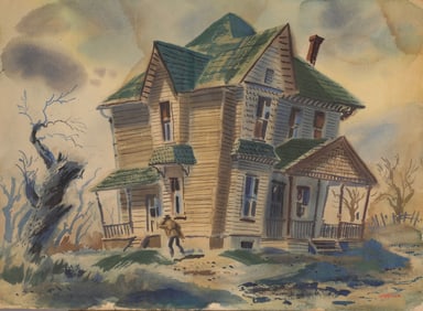 FRED TUCH REGIONALIST WATERCOLOR PAINTING HAUNTED HOUSE