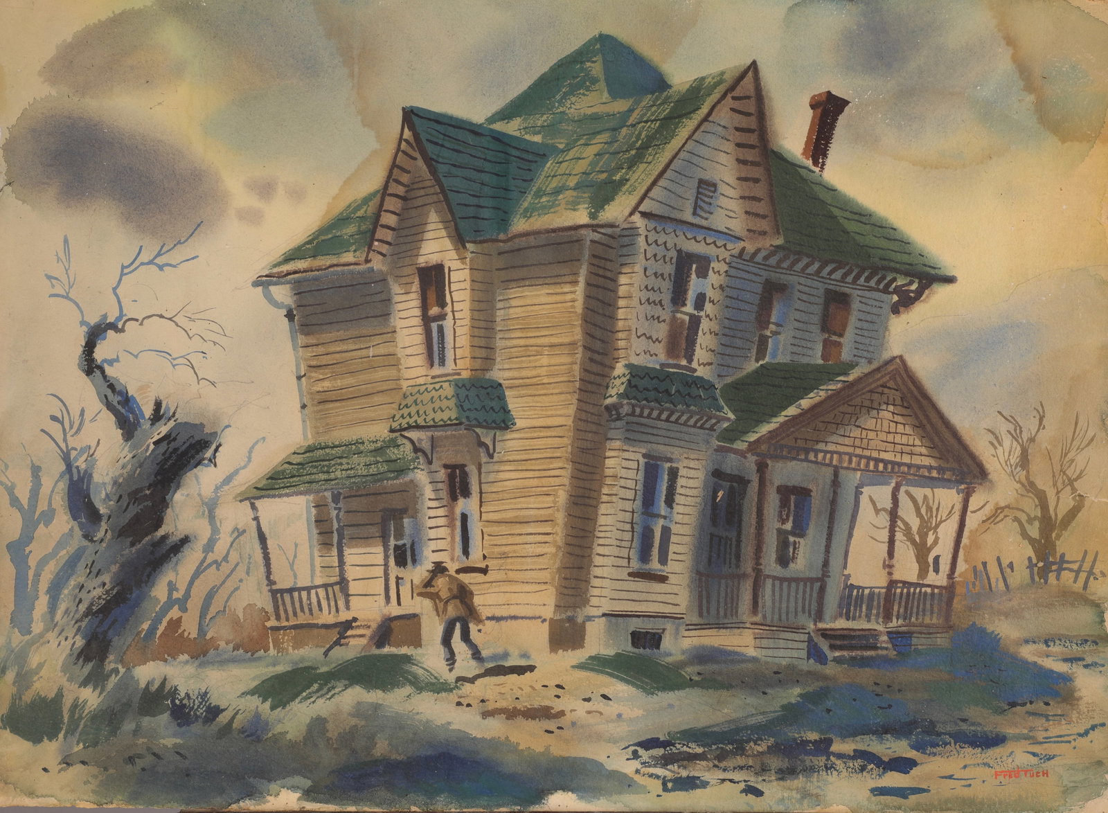 FRED TUCH REGIONALIST WATERCOLOR PAINTING HAUNTED HOUSE: A Mid-Century regionalist watercolor on paper painting of a dilapidated house. Signed lower right recto by artist Fred Tuch. Unframed. Measures: 22" x 30". Contact our recommended 3rd party shipper UP