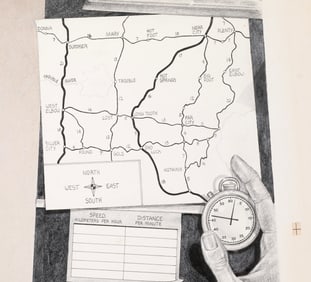 ORIG. ILLUSTRATION GRAPHITE DRAWING COMPASS & MAP