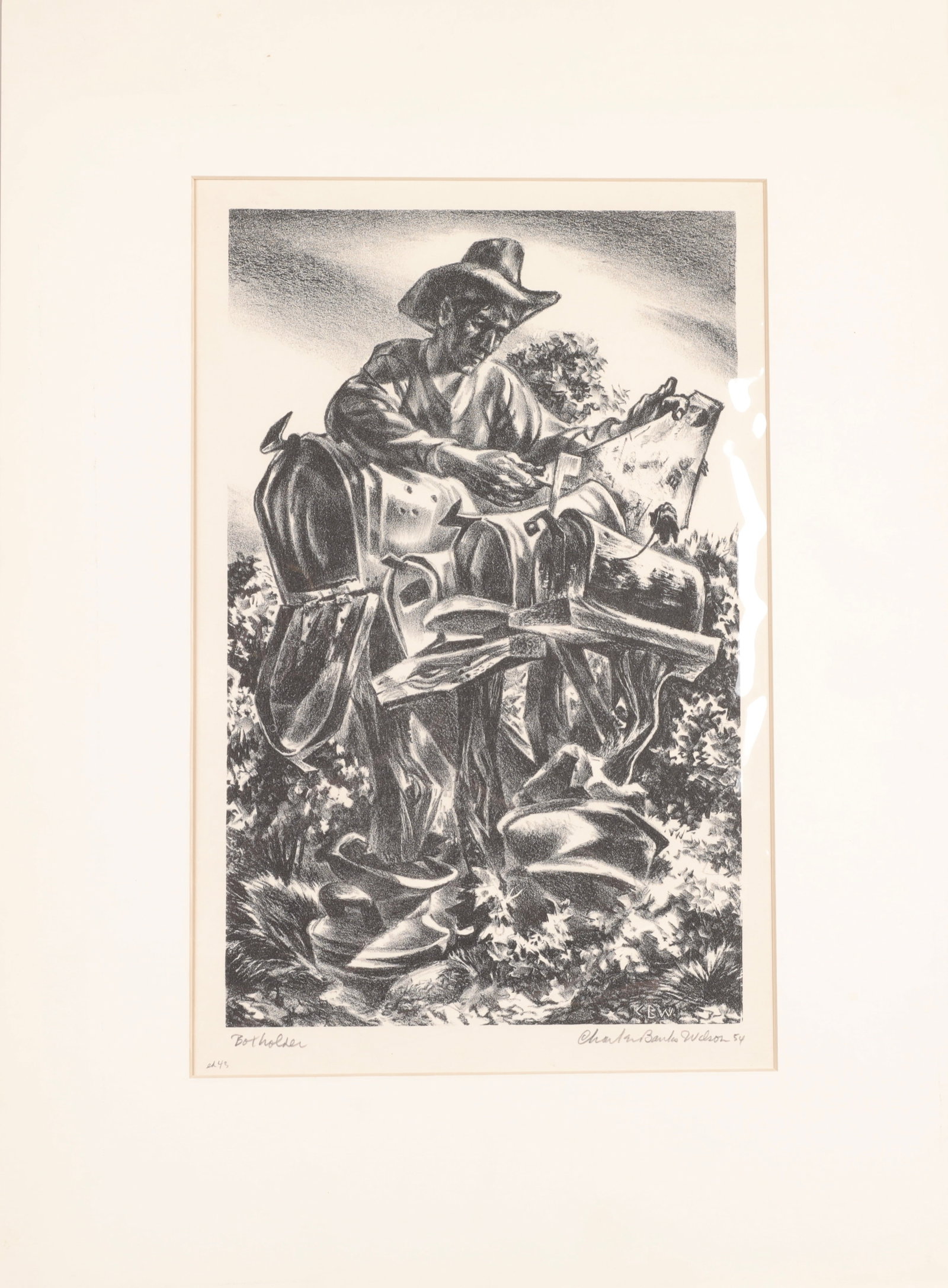 CHARLES BANKS WILSON (1918-2013) "BOX HOLDER" 1954 PENCIL SIGNED LITHOGRAPH: A lithograph entitled "Box Holder" produced in 1954. Pencil signed ed. 43 lower recto by artist Charles Banks Wilson (American, 1918-2013). Unframed. Matted. Matted size measures: 21" x 15".Contact ou