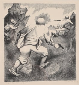 R. de VRIES PENCIL SIGNED 1946 LITHOGRAPH "COVER FIRE" WWII