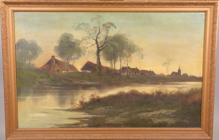 attr. HENRY HAMMOND AHL (1869-1953) 36" X 53" OIL PAINTING GERMAN LANDSCAPE