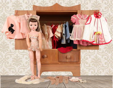 MADAME ALEXANDER CISSY DOLL W/ ARMOIRE & CLOTHING LOT: Maker: Madame Alexander Cissy doll Age: 1950s. Accessories: She comes with a handmade doll armoire that is full of clothing and accessories, as shown. Height: Doll: 20" tall Armoire: 25" x 16" x 11.5"