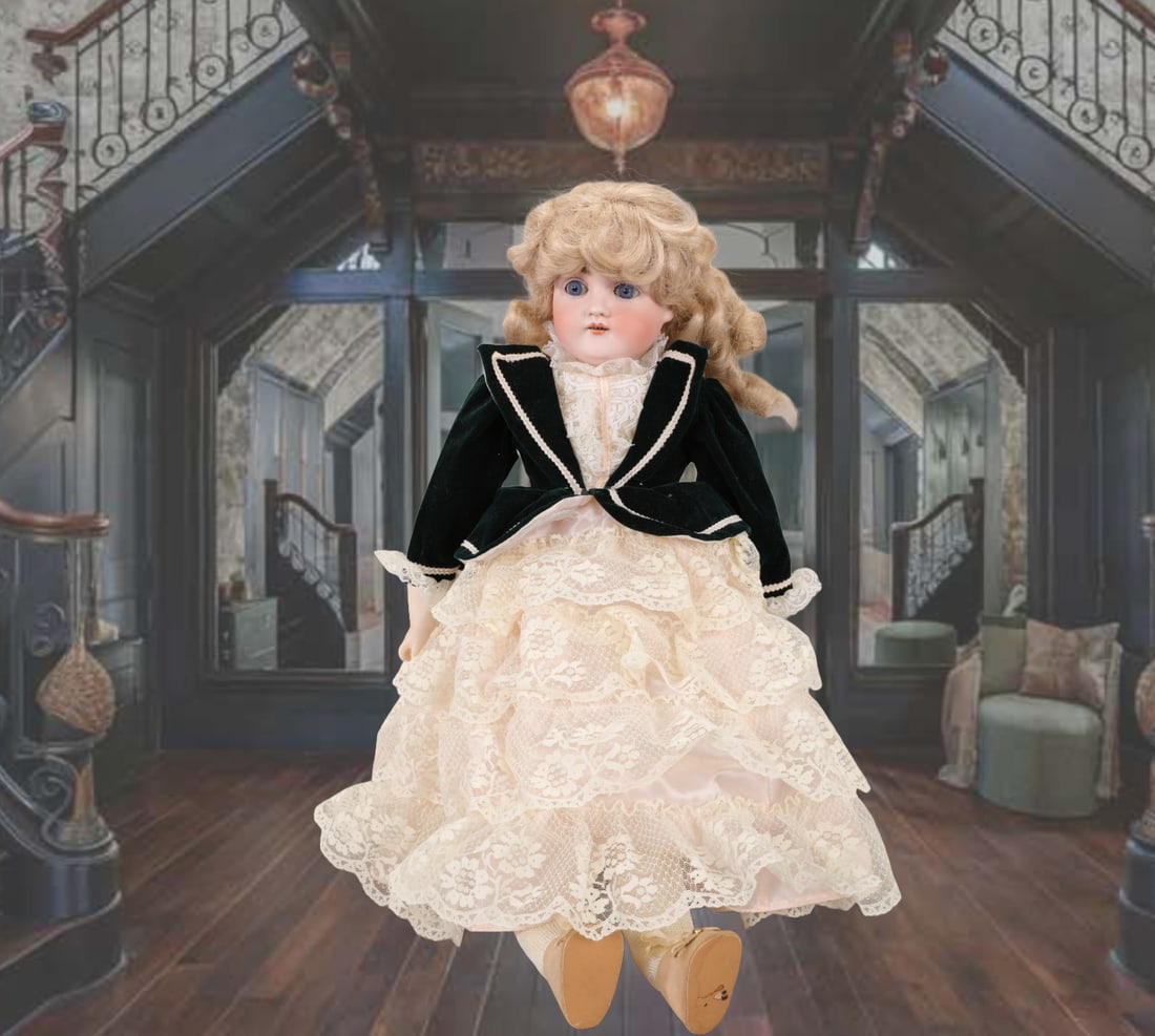 17" BISQUE HEAD GERMAN ANTIQUE DOLL: Maker: C 1/2 Made in Germany (on back of shoulder plate) Size: 17" Material: Bisque head, arms with cloth body and legs. Details: blue eyes, open mouth with 4 teeth, blonde curly wig (newer)Includes c