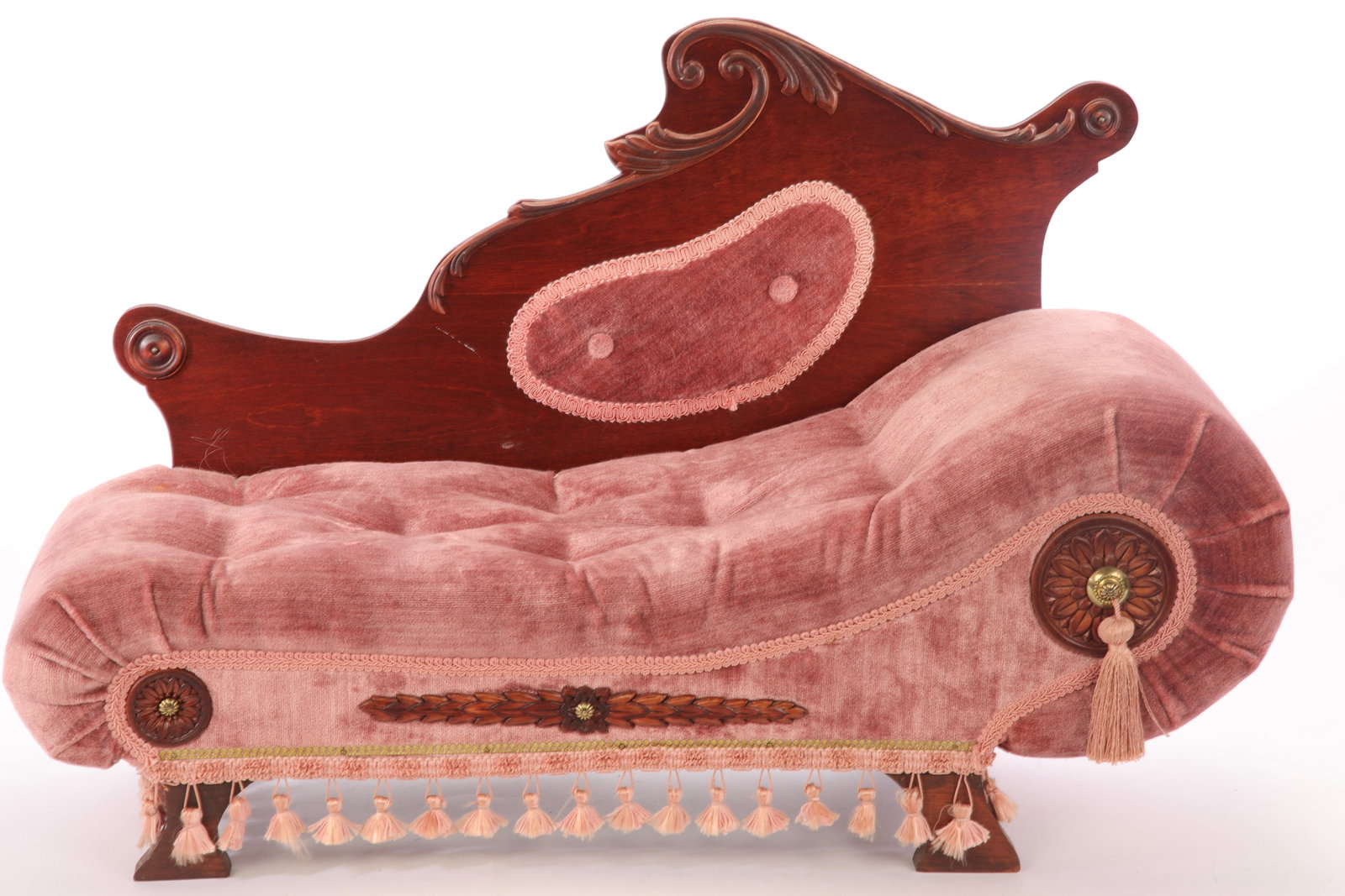 VICTORIAN STYLE DOLL'S FANCY FAINTING COUCH VELVET & WOOD: A Victorian style doll's fancy fainting couch- pink velvet and wood. Has label of maker on verso. Measures: 19" H x 30" W x 10" D.