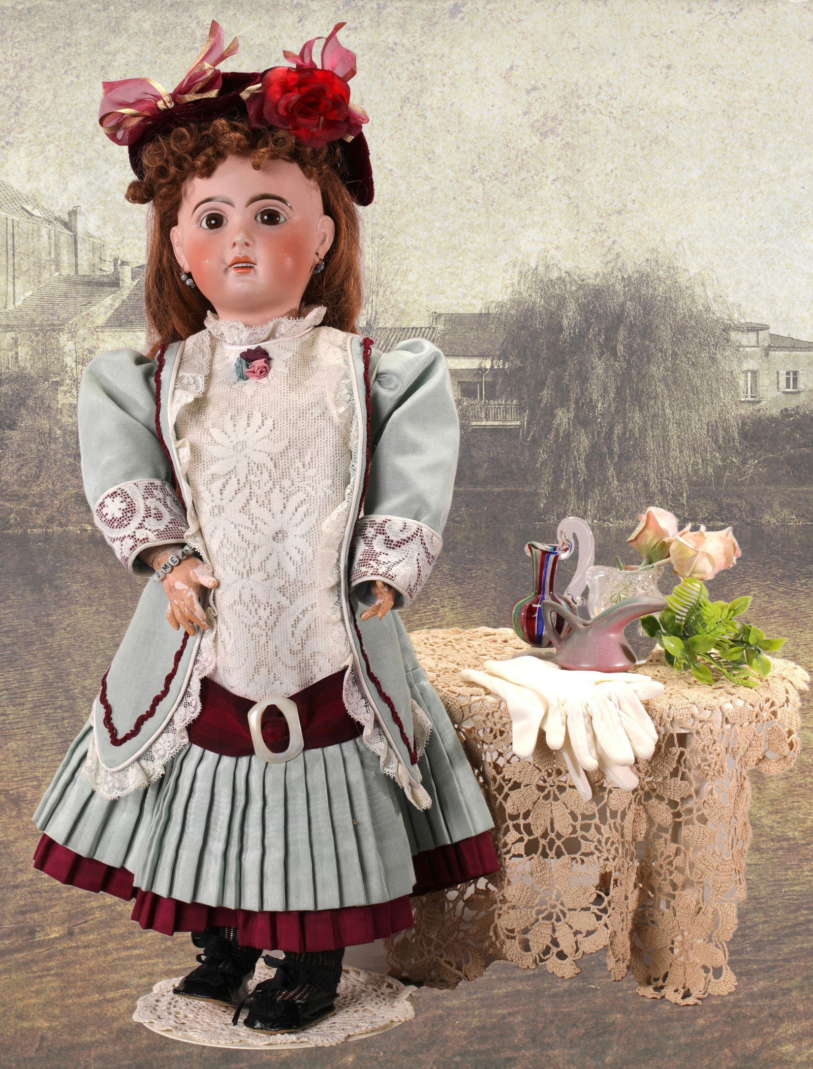 BRU JUMEAU ANTIQUE FRENCH BISQUE & COMPOSITION DOLL 1907: Maker: Bru Jumeau, France Marks: 1907, 10 Height: 22-23" tall Materials: bisque head, jointed composition body, brown eyes, newer brown wig, open mouth with teeth, pierced ears with earrings, bracelet