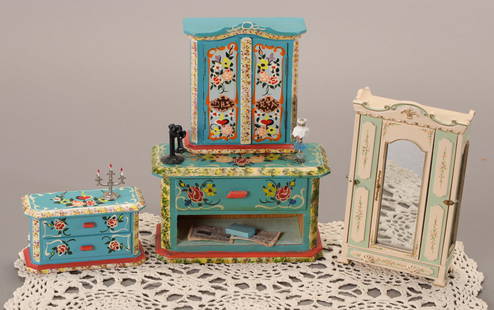 BESPAQ MINIATURE DOLLHOUSE DOLL FURNITURE HAND PAINTED GERMANY: A lot of miniature dollhouse furniture that has been hand-painted. Some of the pieces are marked Made in Germany. The mirrored armoire is made by Bespaq- it's very well made. Measurements: See last ph