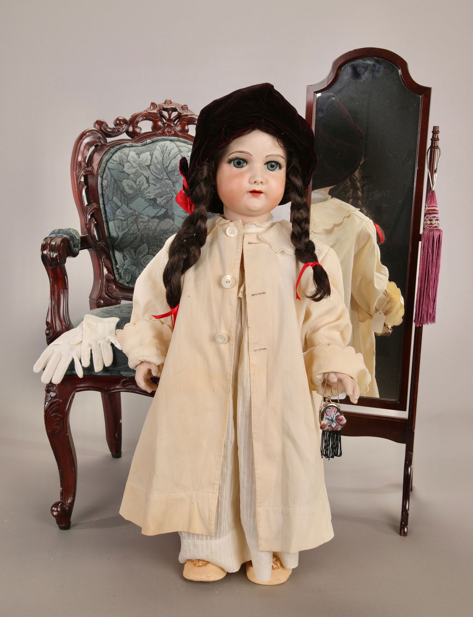 28" ALL BISQUE DOLL ARMAND MARSEILLE ARTIST MADE REPRO: Maker: Armand Marseille / Artist made reproduction Marks: A 17 M Signed "NM"1995 Materials: All bisque- head, body, limbs, synthetic brown wig, large blue eyes with eyelashes, open mouth with teeth De