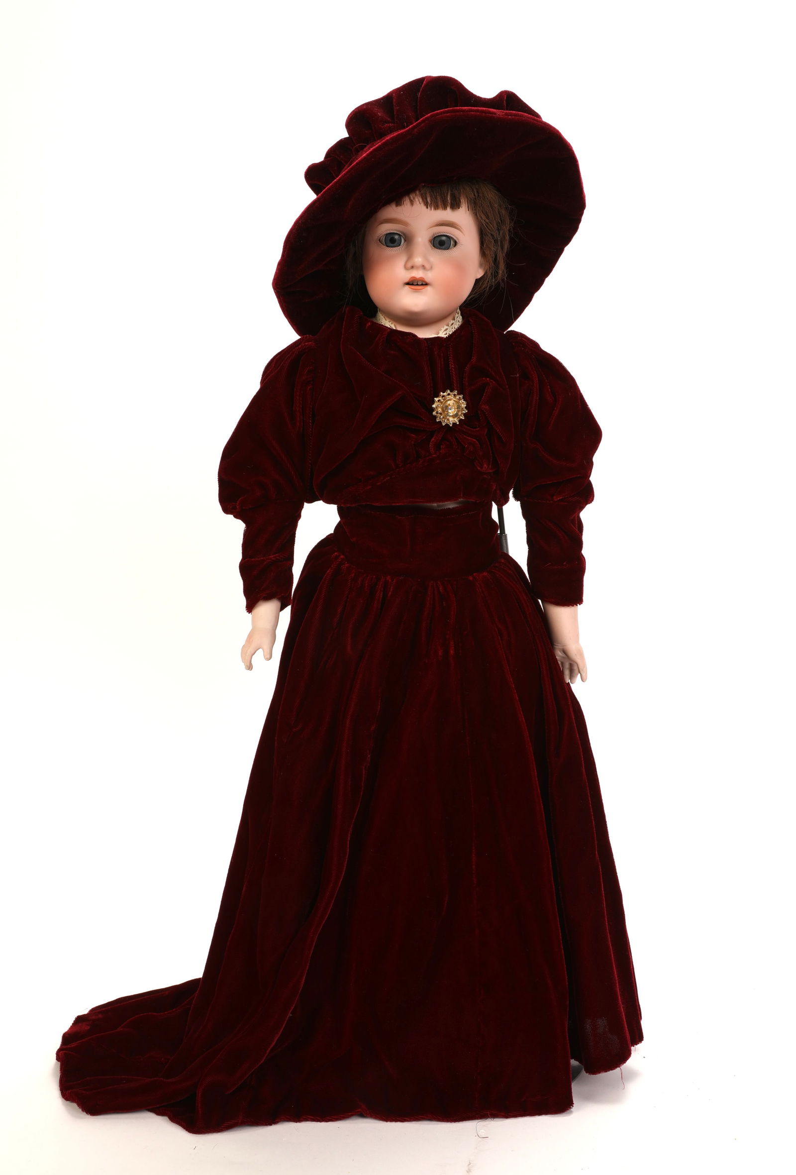 ARMAND MARSEILLE ANTIQUE BISQUE DOLL 25" "EVE": MAKER: Armand Marseille, Germany MARKS: 370 AM-5-DEP Armand Marseille Made in Germany SIZE: 25" tall MATERIALS: Bisque head, brown hair wig, blue eyes, open mouth with four teeth, Cloth body, bisque h