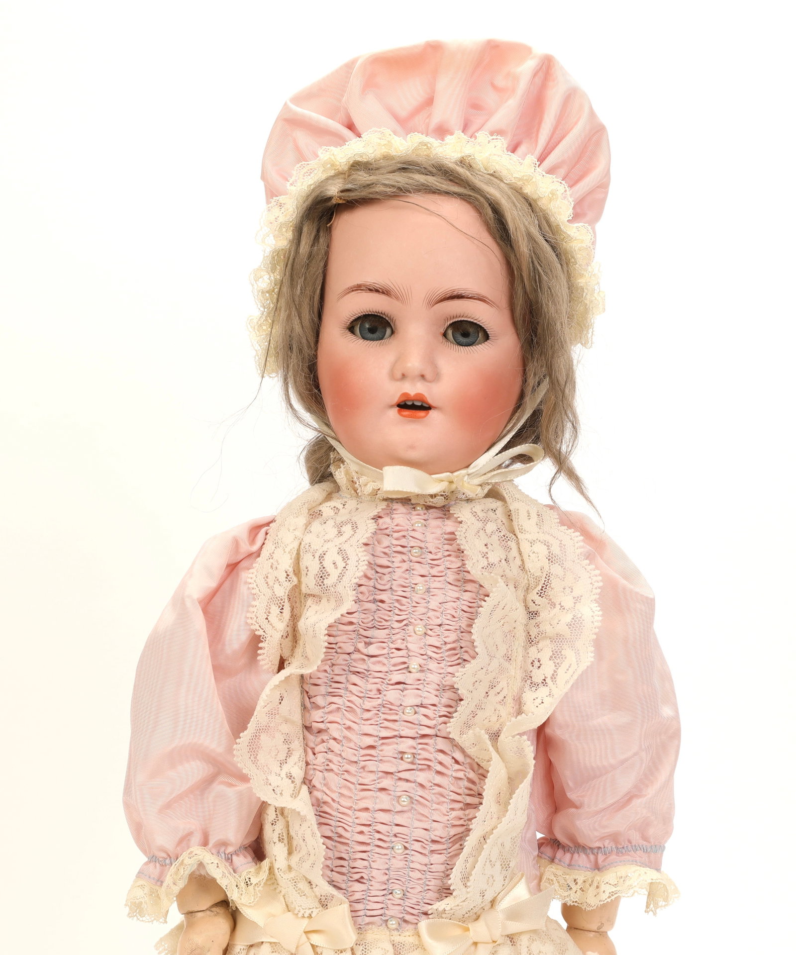 22" FRANZ SCHMIDT S & C ANTIQUE BISQUE DOLL JOINTED COMPO BODY: MAKER: Franz Schmidt, Germany MARKS: S & C 53 SIZE: 22" tall MATERIALS: Bisque head with jointed composition body, blonde mohair? hair wig, large blue eyes with eyelashes, open mouth with four teeth,