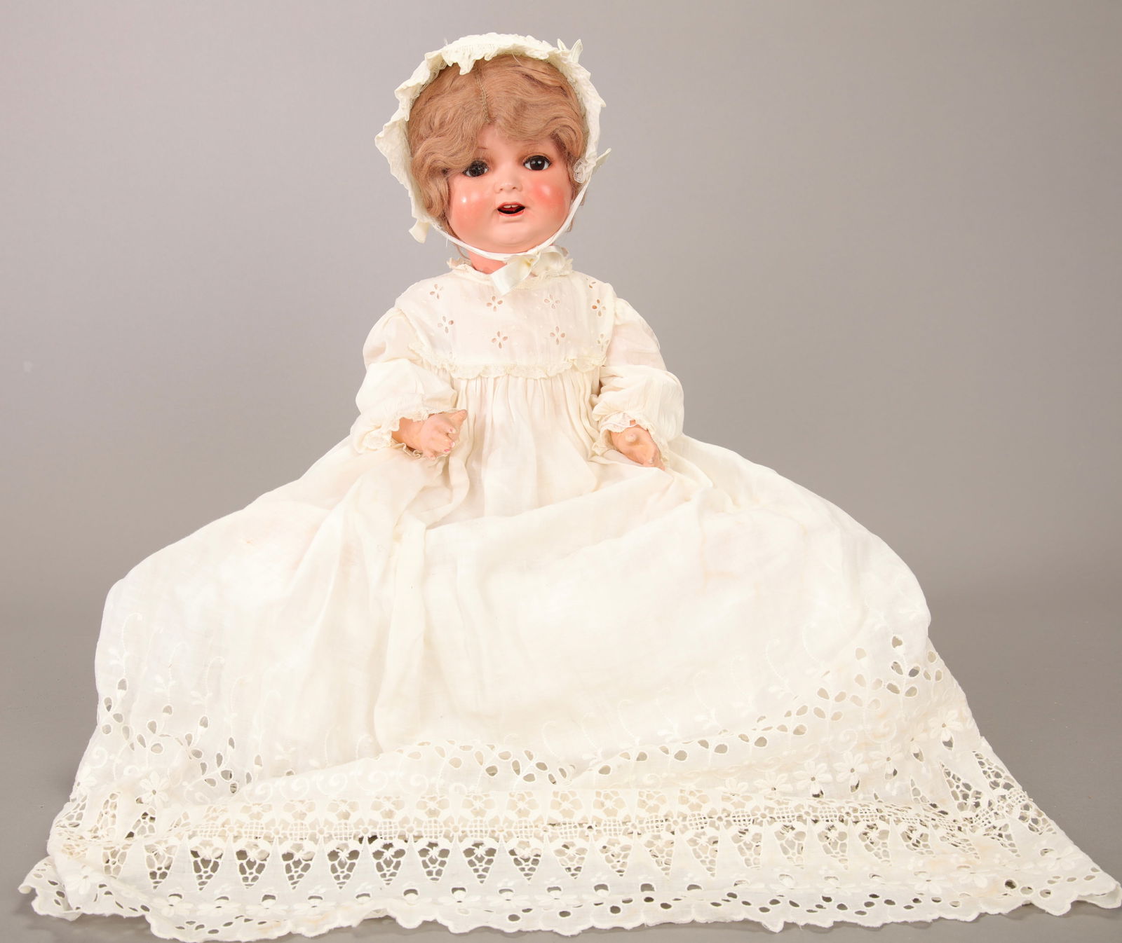 HEUBACH KOPPELSDORF ANTIQUE BISQUE CHARACTER TODDLER DOLL 21": Maker: Ernest Heubach (German) Marks: Heubach Koppelsdorf 342-5 Germany (on back of head) Age: Victorian- early 20th c, antique Size: 21" Materials & Details: Bisque Head, composition body with crier