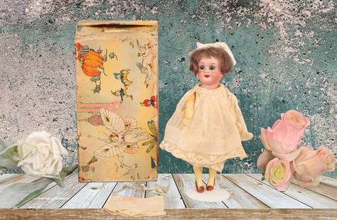 5.5" ANTIQUE ARMAND MARSEILLE MIGNON DOLLHOUSE BISQUE DOLL: Maker: Armand Marseille Marks: A 14/0 M (on back of head) Size: 5.5" Age: 1905-1910s Materials/ Details: bisque head with brown human hair wig, blue sleepy eyes, open mouth, composition body. Includes