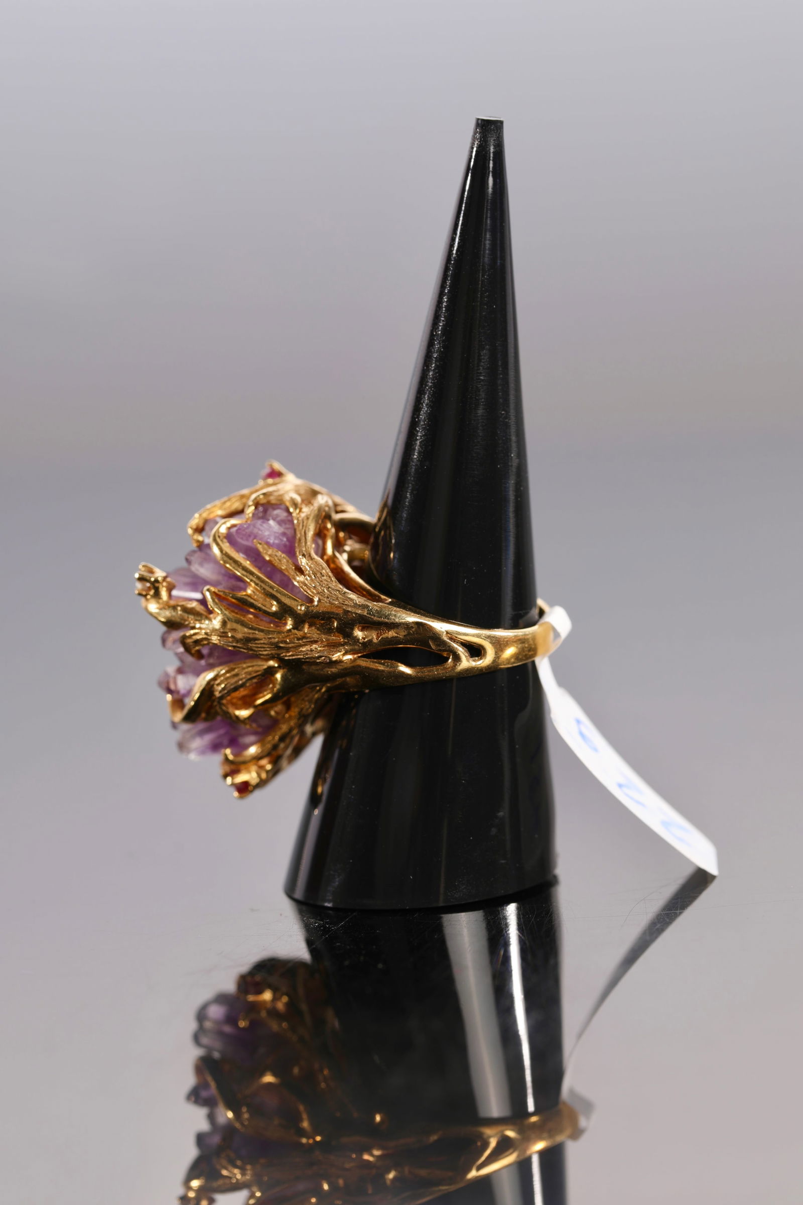 BRUTALIST AMETHYST & 18K GOLD & RUBY STATEMENT RING - 5