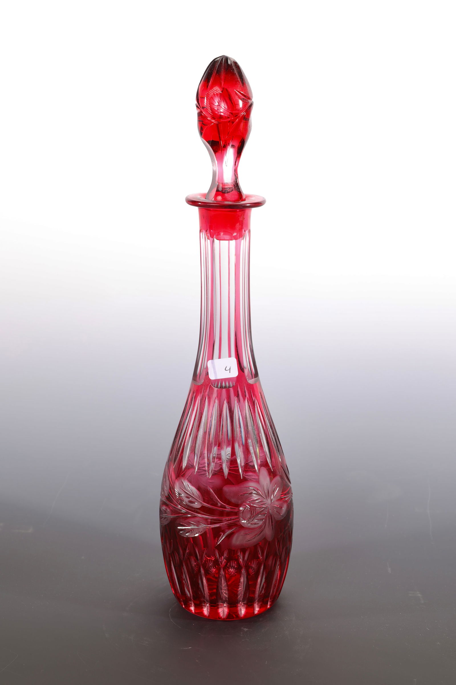 CRANBERRY CUT TO CLEAR CRYSTAL DECANTER W/ STOPPER (1 of 5)