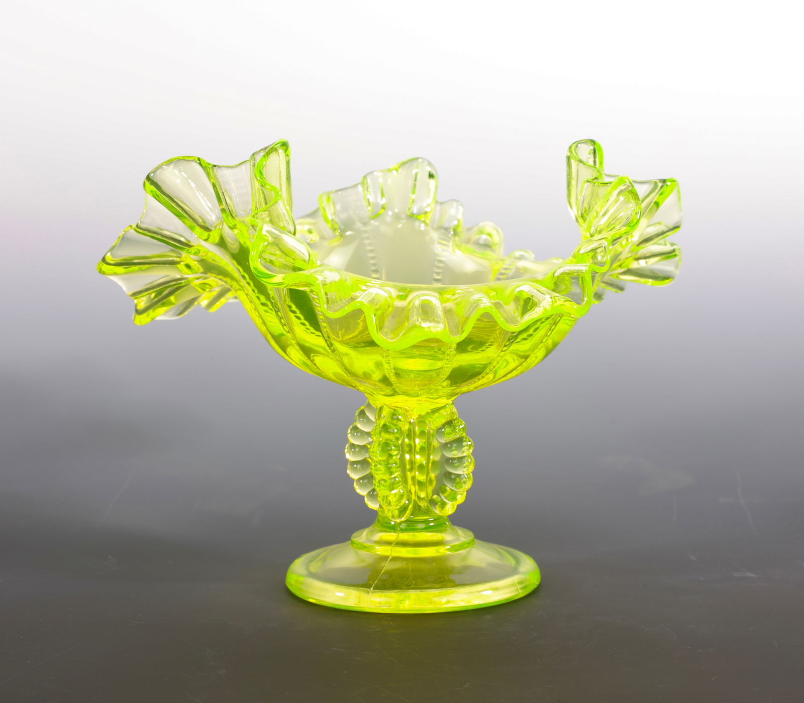 VASELINE GLASS RUFFLED URANIUM COMPOTE (1 of 8)