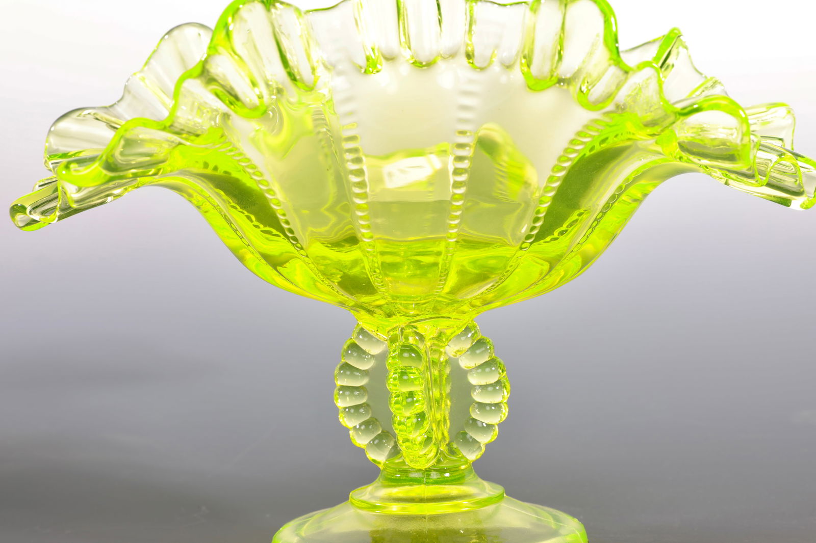 VASELINE GLASS RUFFLED URANIUM COMPOTE - 5