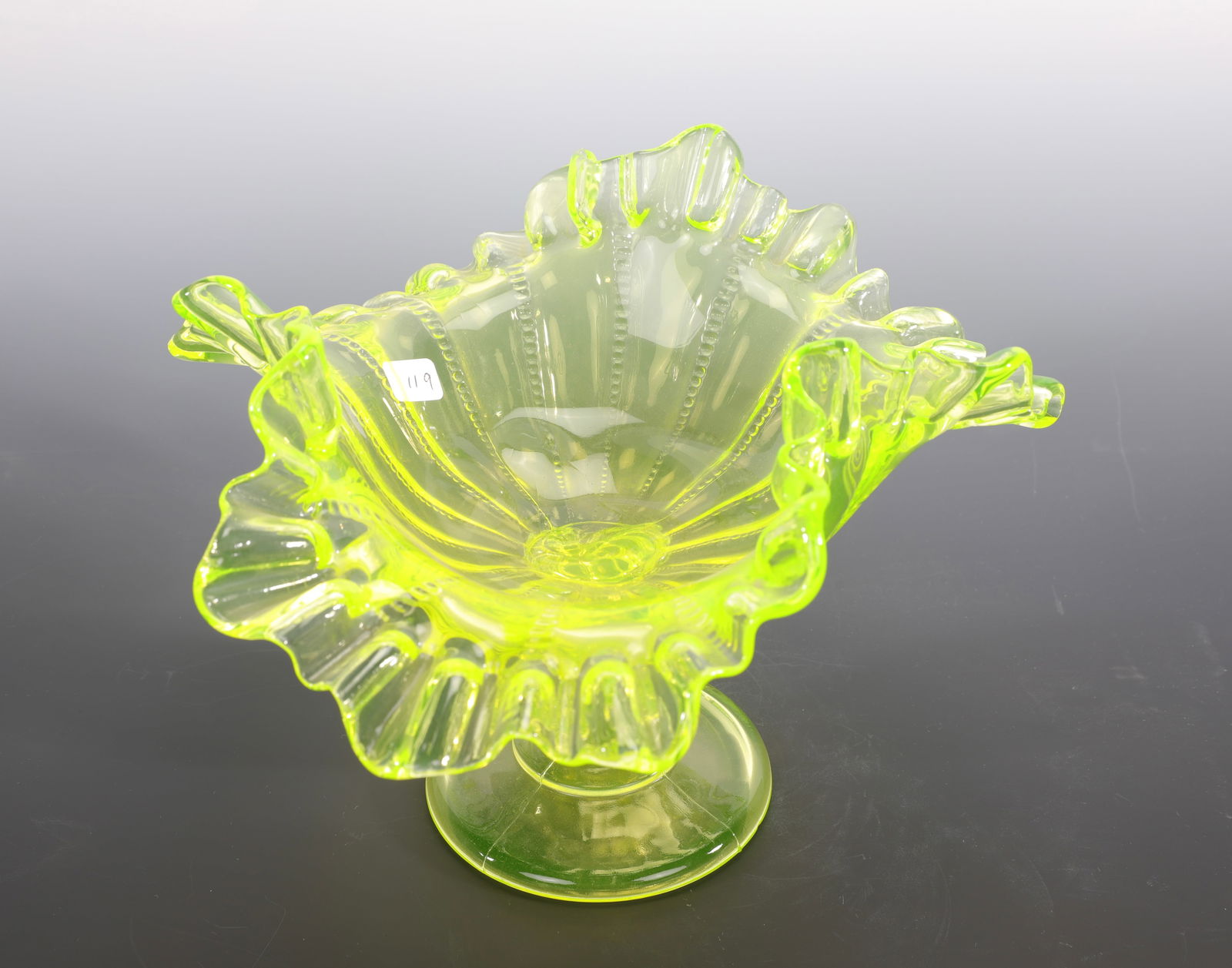 VASELINE GLASS RUFFLED URANIUM COMPOTE - 6