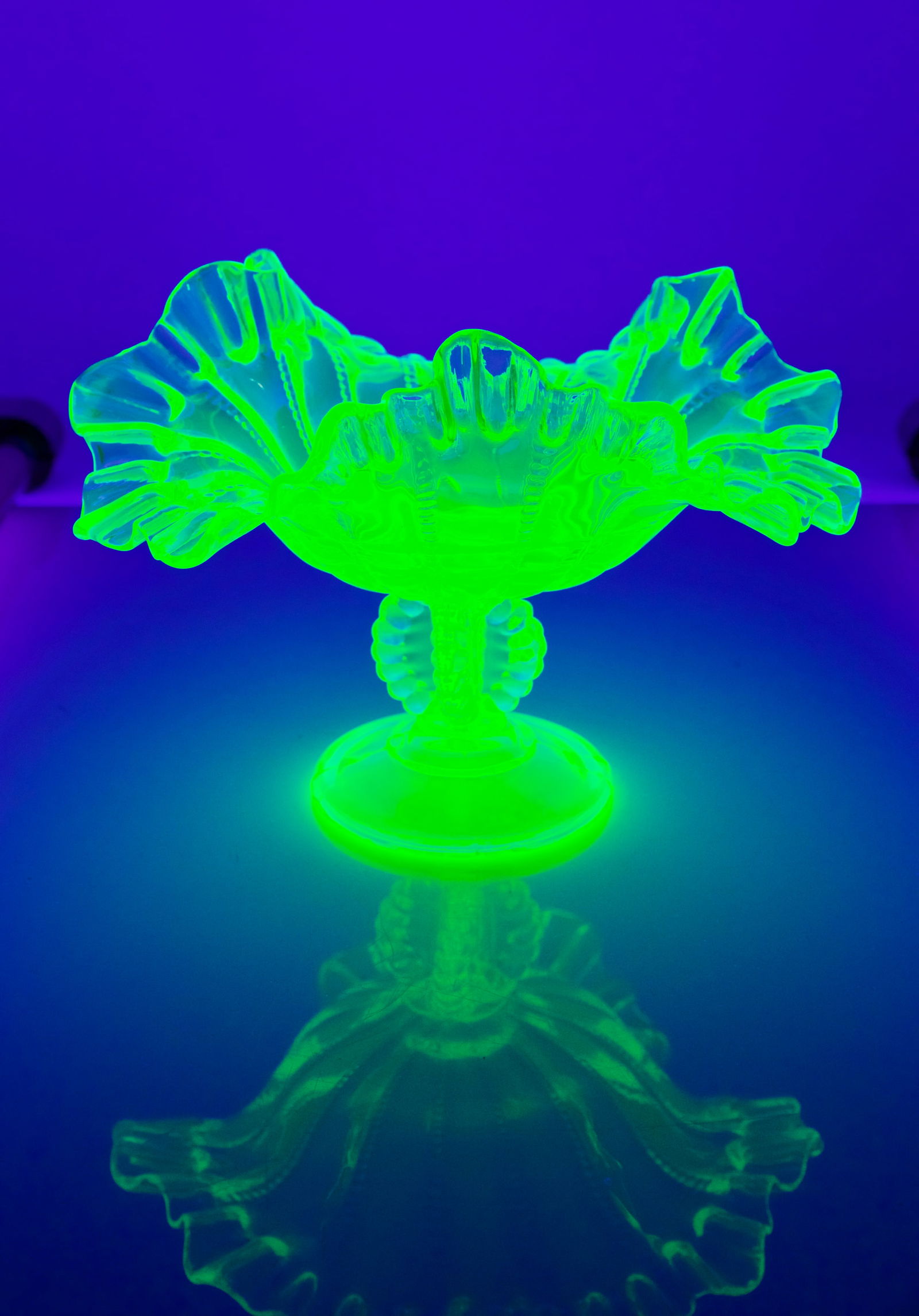 VASELINE GLASS RUFFLED URANIUM COMPOTE - 7