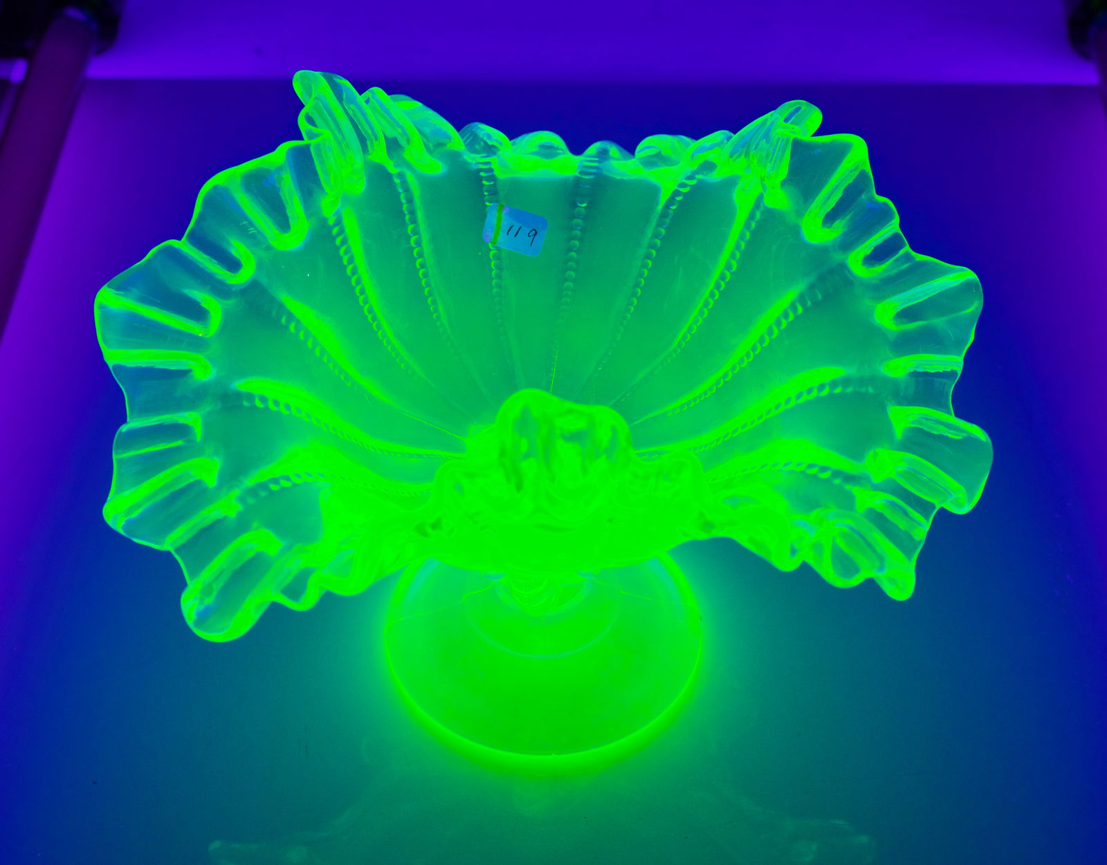 VASELINE GLASS RUFFLED URANIUM COMPOTE - 8