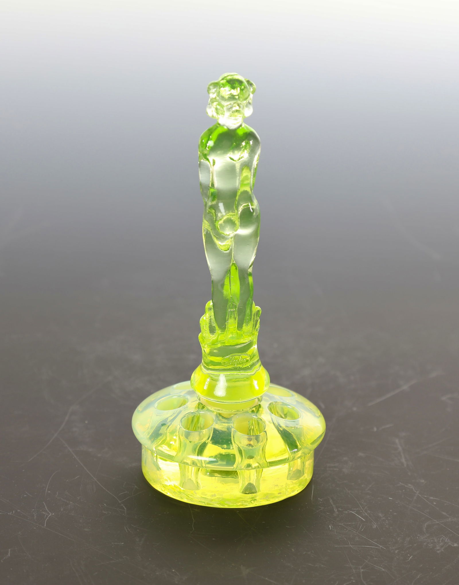 BASHFUL CHARLOTTE VASELINE GLASS FIGURAL FLOWER FROG (1 of 12)