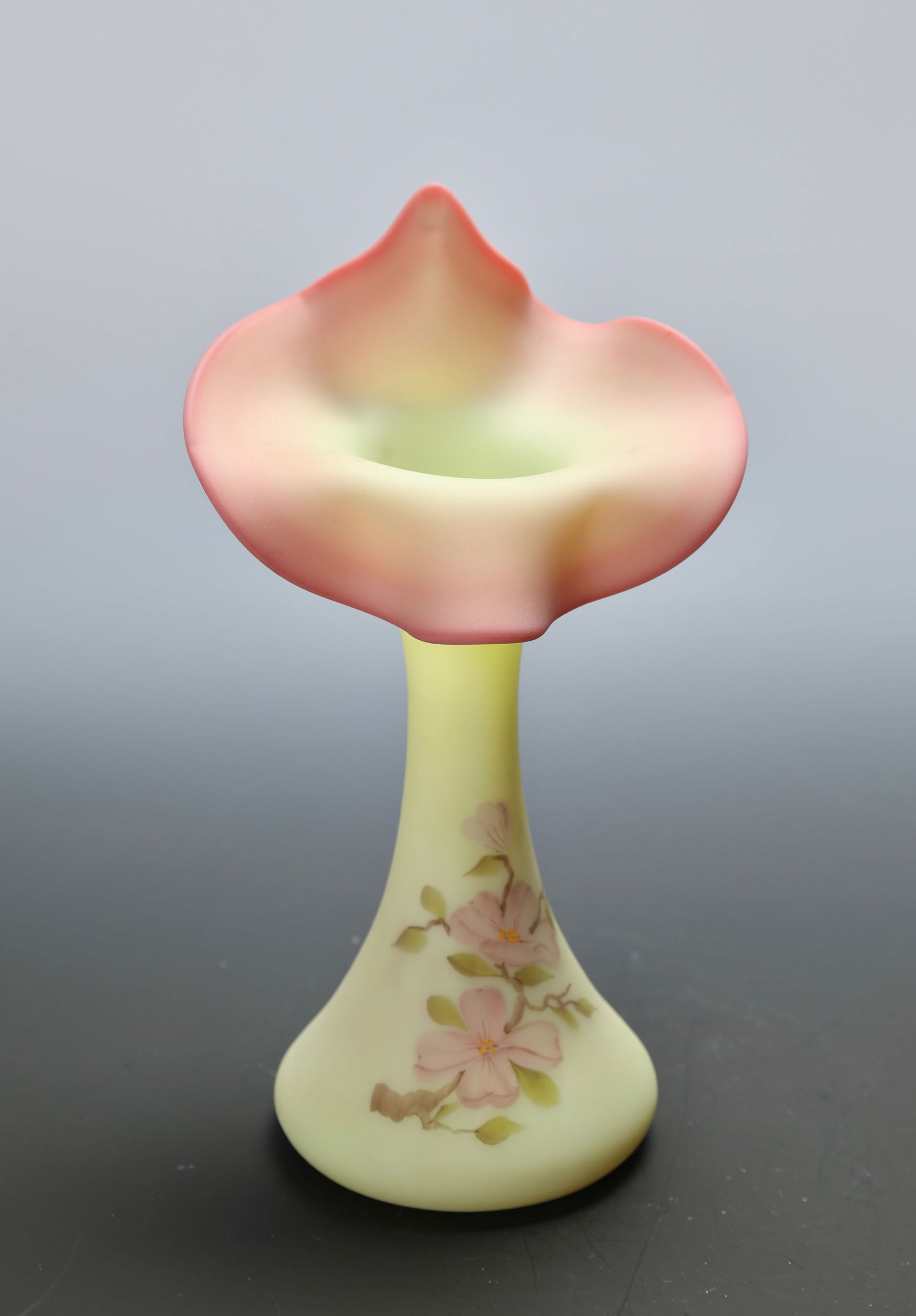 FENTON BURMESE GLASS JACK IN THE PULPIT PAINTED VASE UV REACTIVE (1 of 10)