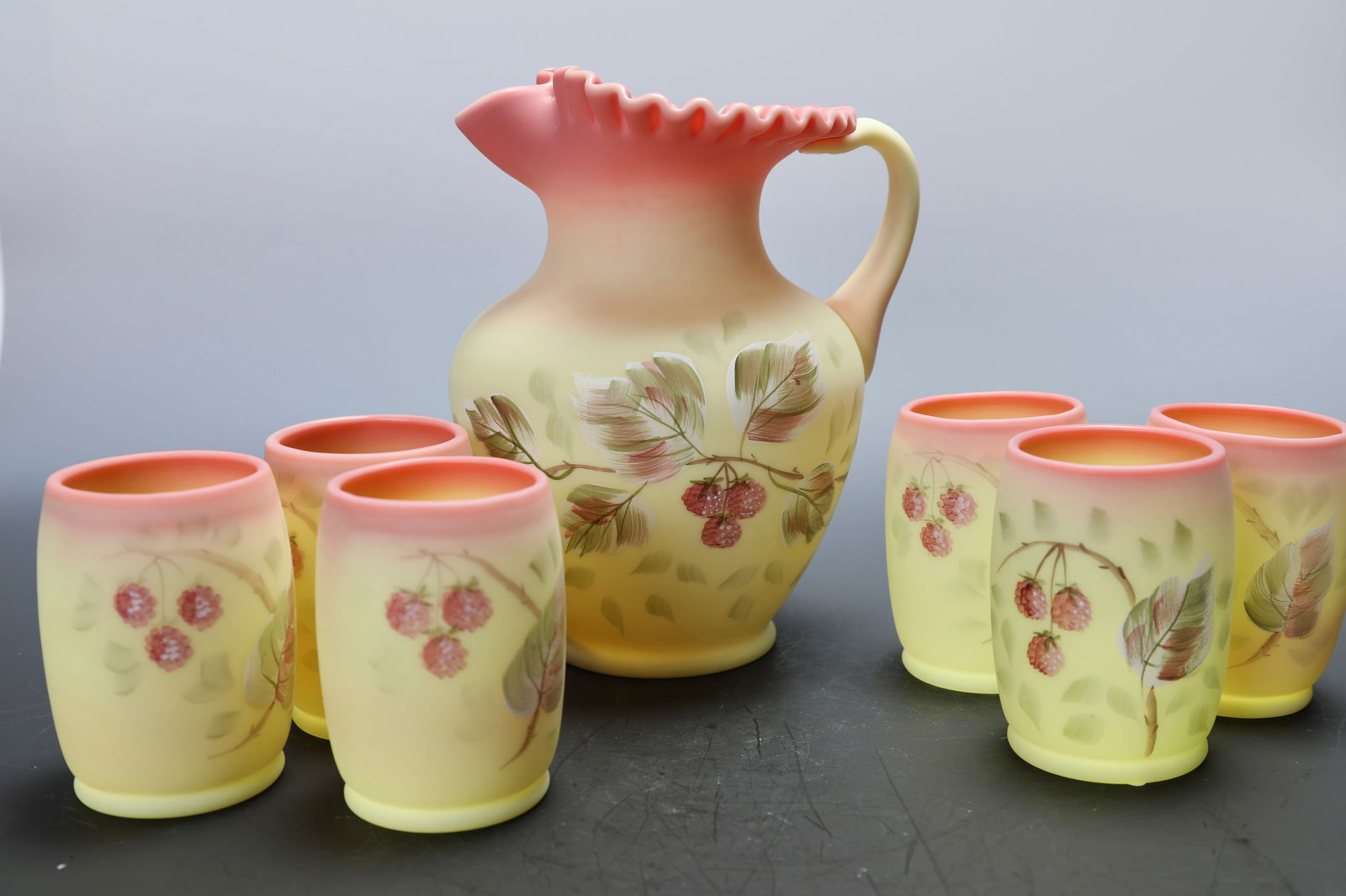 FENTON BURMESE ART GLASS PITCHER & 6 TUMBLERS UV REACTIVE HAND PAINTED (1 of 17)