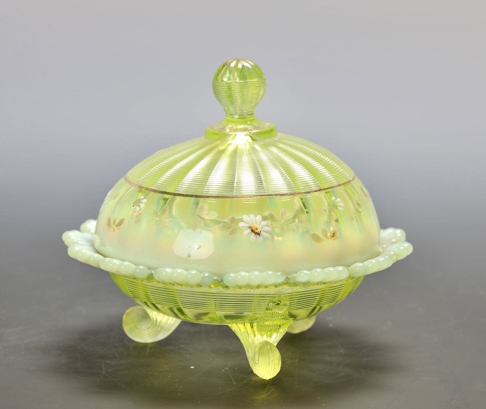 NORTHWOOD VASELINE GLASS OPALESCENT COVERED BUTTER DISH (1 of 12)
