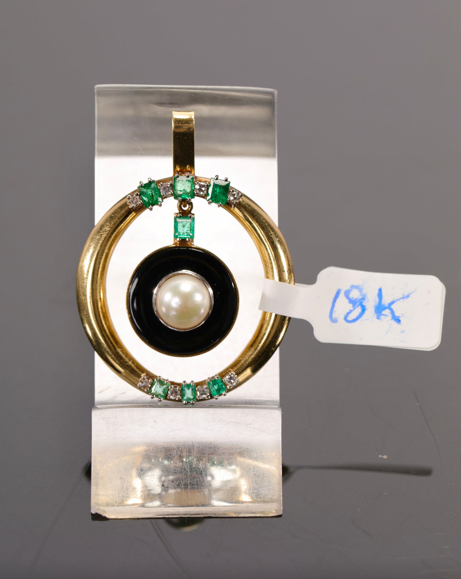 18K GOLD PENDANT WITH DIAMONDS, EMERALDS, PEARL & BLACK ENAMEL (1 of 10)