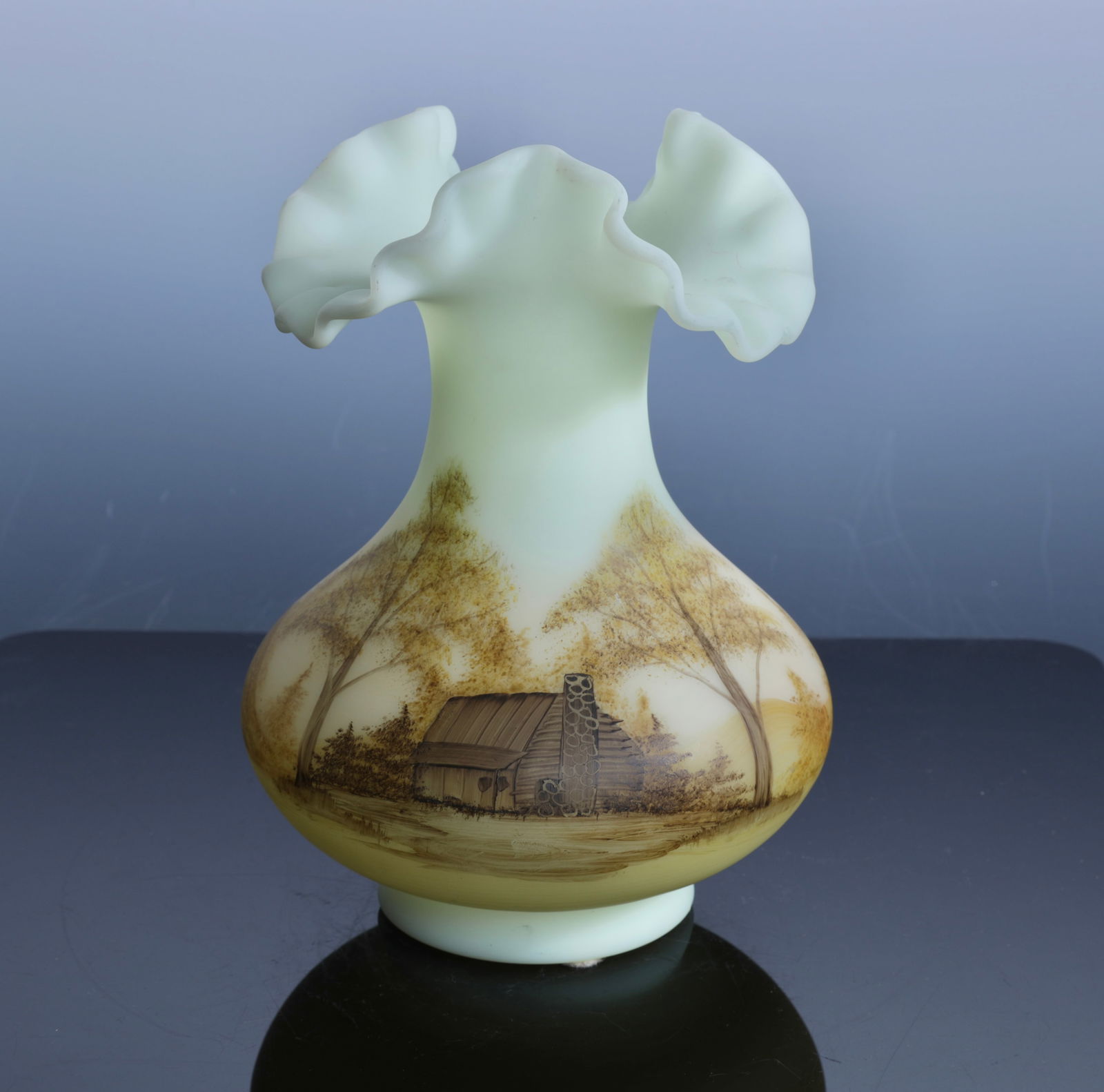 FENTON CUSTARD GLASS HANDPAINTED VASE LOG CABIN (1 of 8)