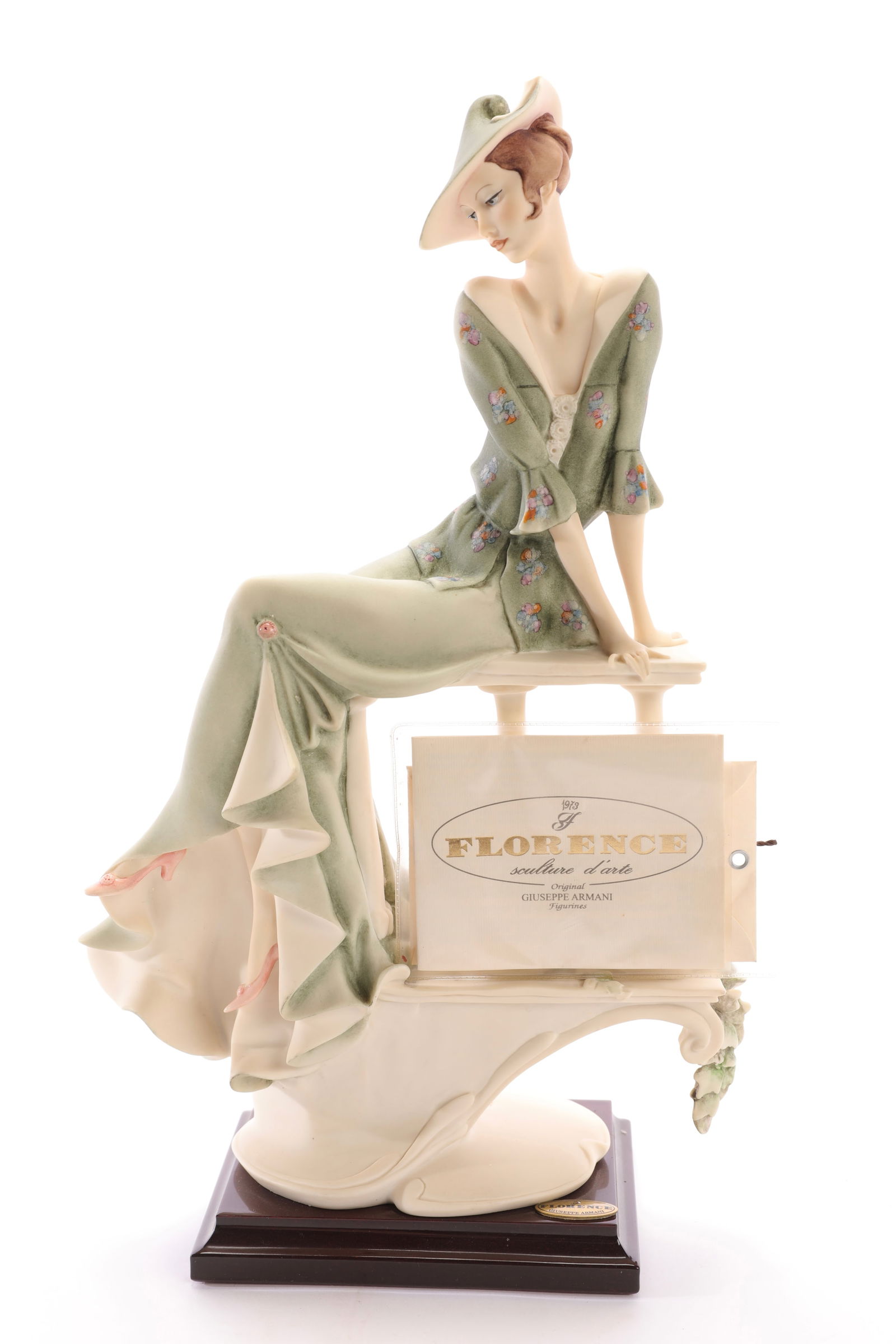 GIUSEPPE ARMANI "ON THE BALCONY" PORCELAIN FIGURINE ITALIAN SCULPTURE W/ BOX: A collectible figurine by Italian sculptor Guiseppe Armani titled "Young Lady On the Balcony". The figurine is a limited edition piece. It was created in 1991 in Florence, Italy, where the artist Gius