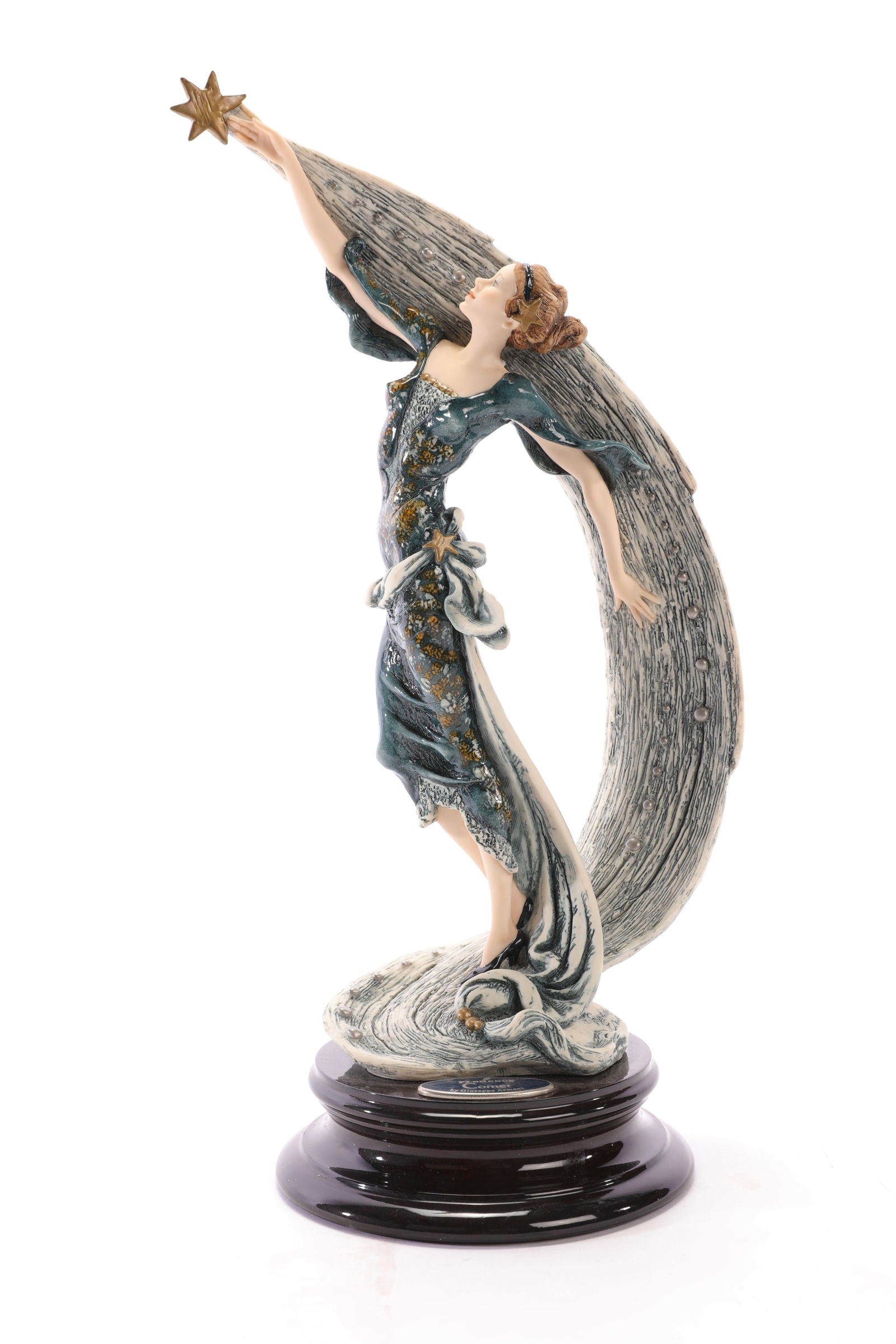 GIUSEPPE ARMANI "COMET" PORCELAIN FLORENCE FIGURINE LTD ED SCULPTURE: This is a limited edition Giuseppe Armani "Comet" porcelain figurine. It is also known as "Comet-The Future" and depicts a woman in a flowing midnight blue gown reaching up to a golden star, with a sw
