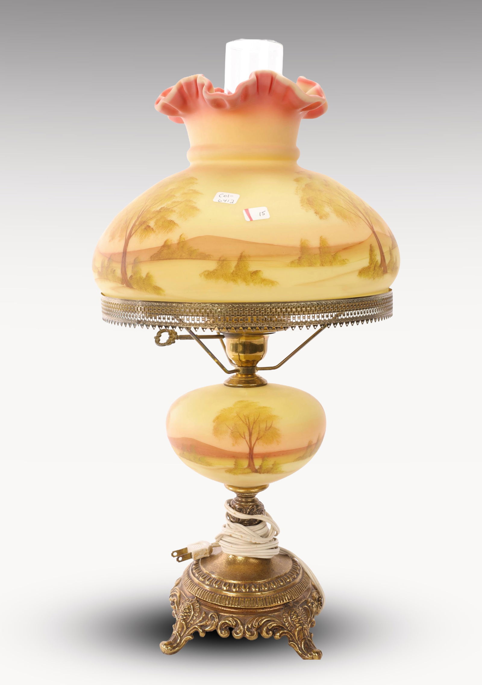 FENTON BURMESE GLASS HANDPAINTED HURRICANE LAMP UV REACTIVE (1 of 10)