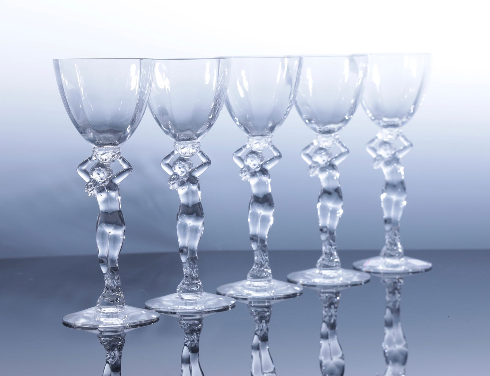 5 ART DECO STYLE STATUESQUE NUDE WINE GLASSES BAYEL? CAMBRIDGE? (1 of 6)