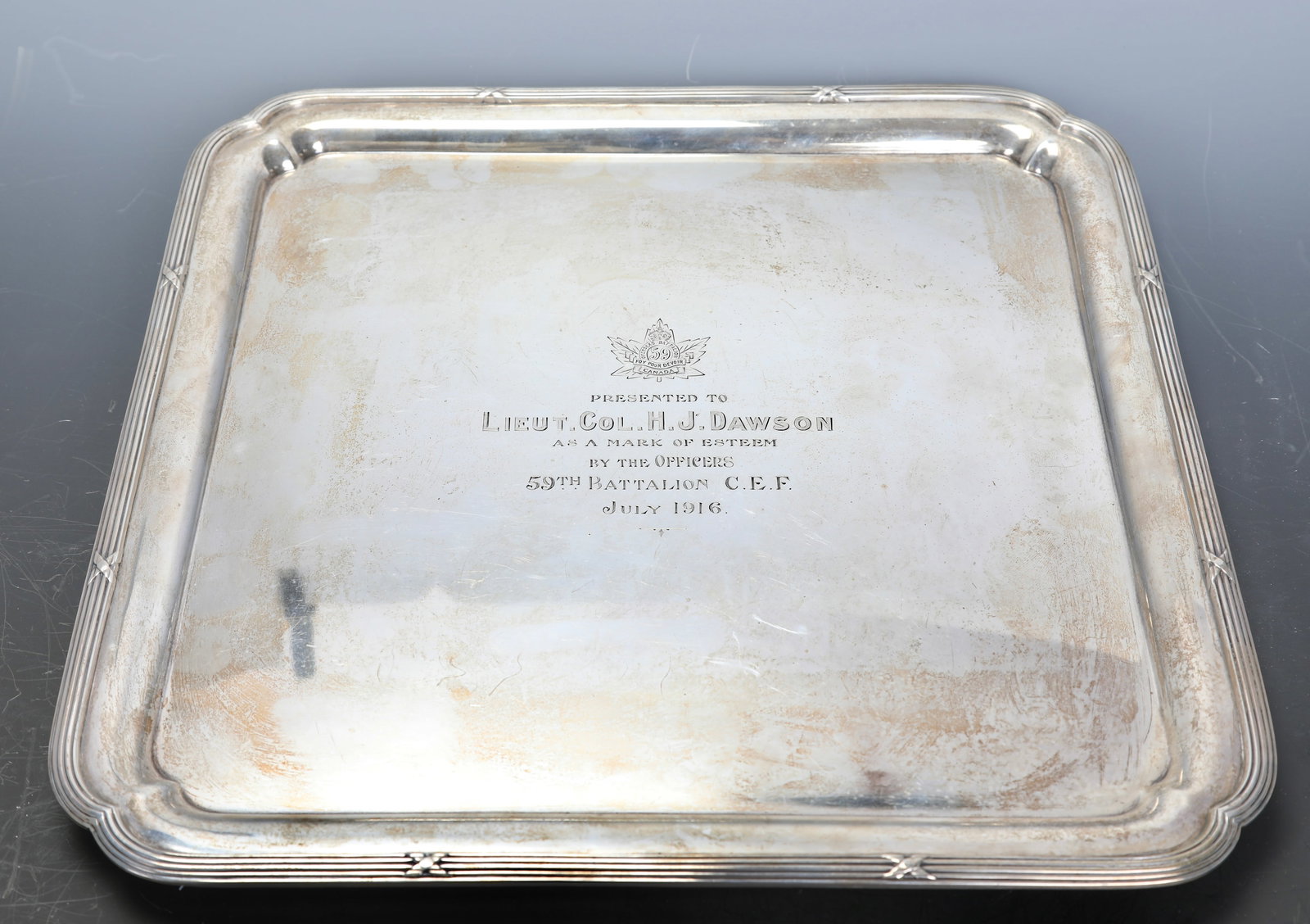 ENGLISH STERLING SILVER TRAY WW1 LIEUT. COL. H.J. DAWSON 1916 1,547 GRAMS (1 of 11)