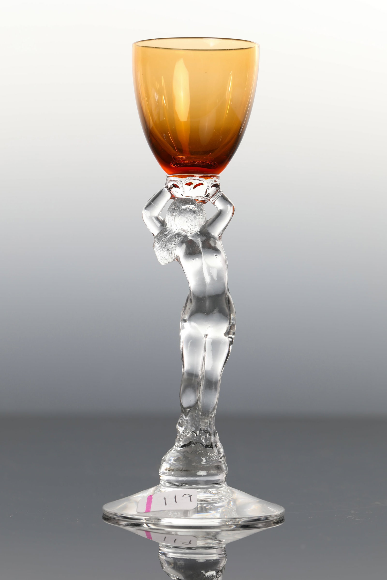 ART DECO STYLE STATUESQUE NUDE STEM CORDIAL AMBER ORANGE GLASS CAMBRIDGE (1 of 8)