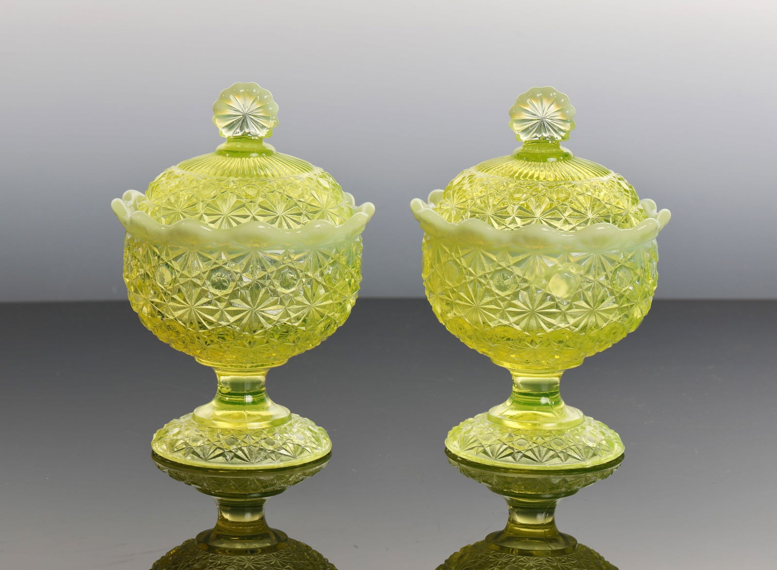 PAIR VASELINE GLASS DAISY & BUTTON OPALESCENT COVERED SUGAR BOWLS URANIUM (1 of 10)