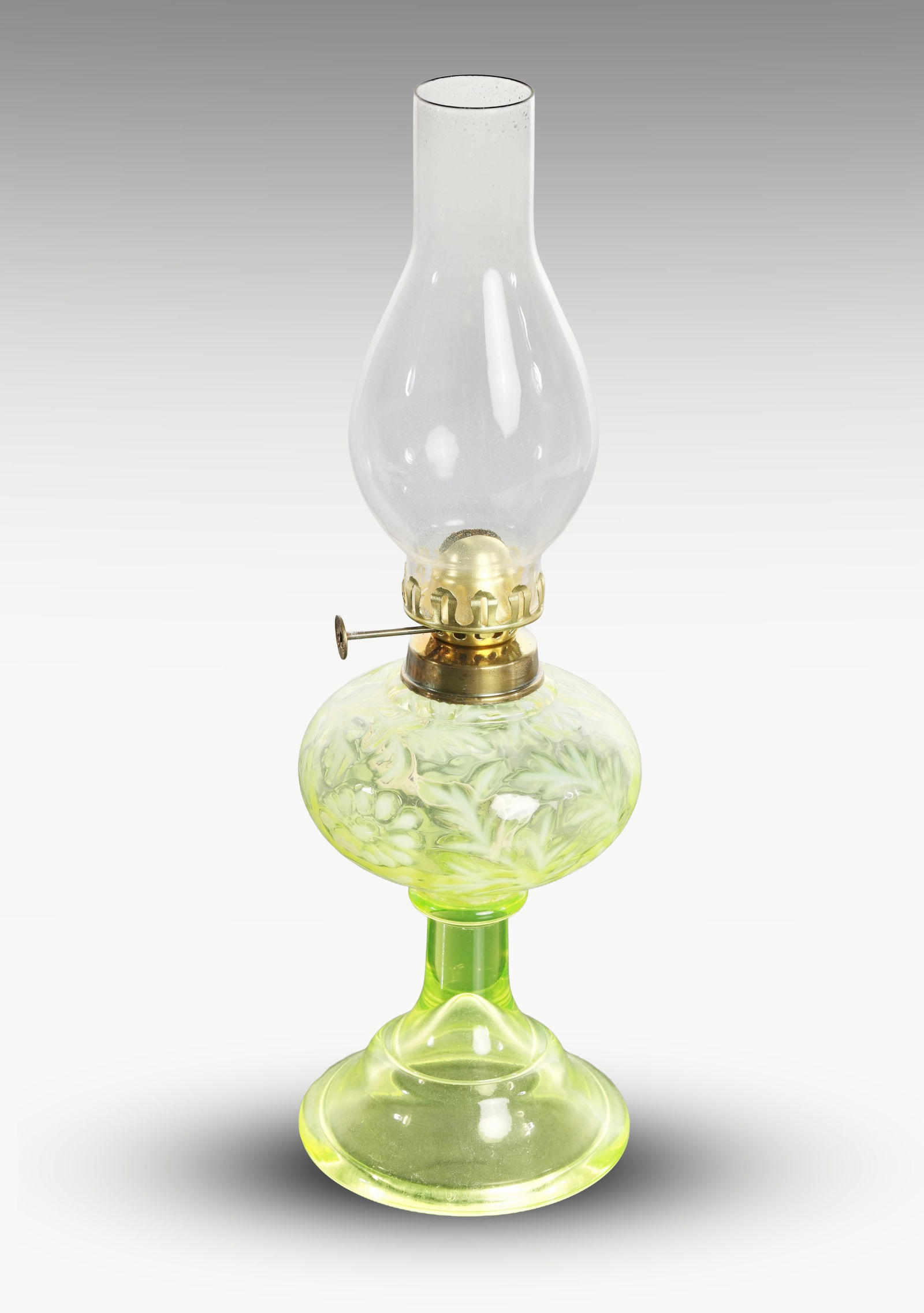 MOSSER GLASS DAISY & FERN VASELINE OPALESCENT OIL LAMP (1 of 8)