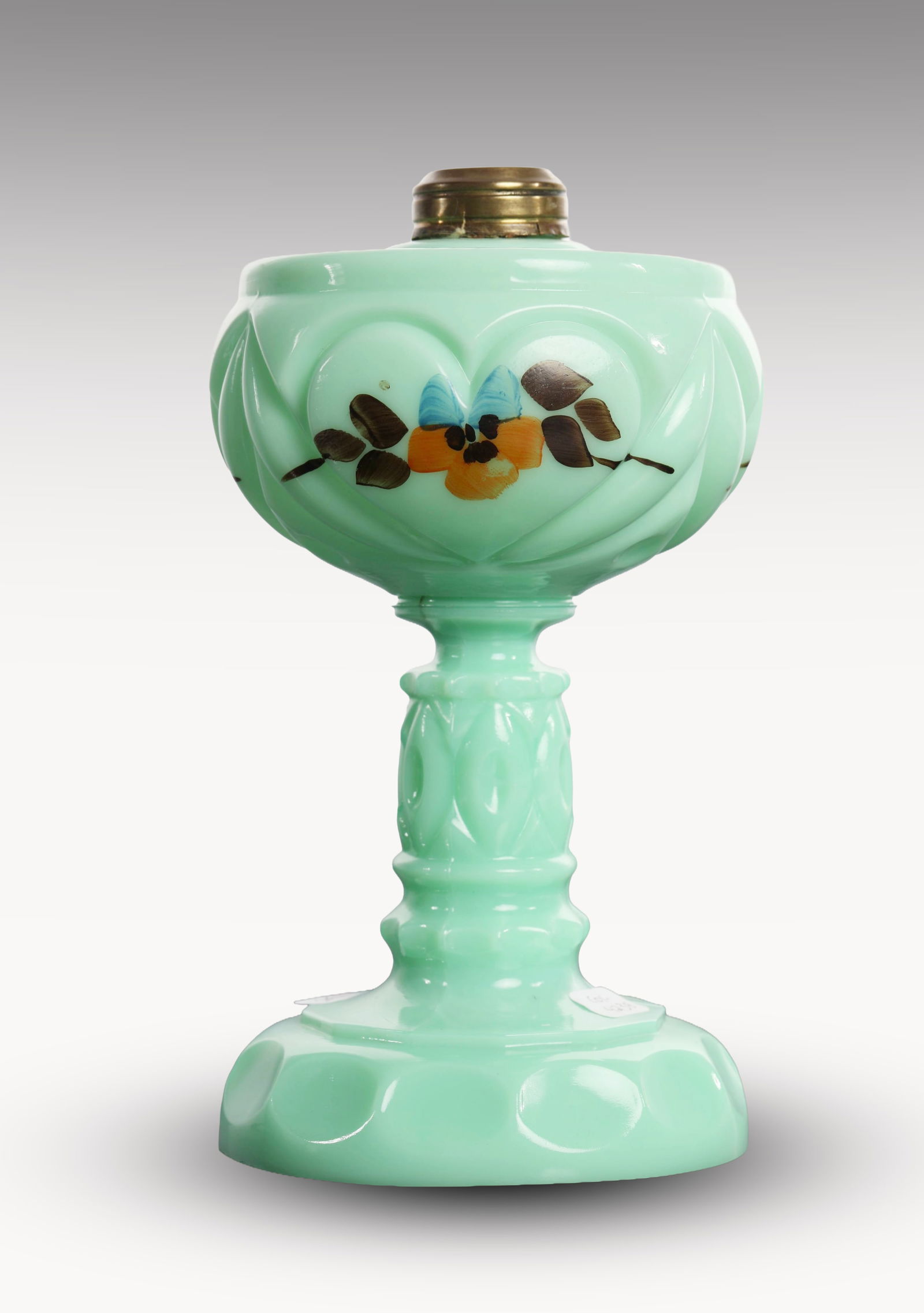 TARENTUM GLASS HEART & PANSY JADEITE AQUA GREEN URANIUM OIL LAMP (1 of 9)