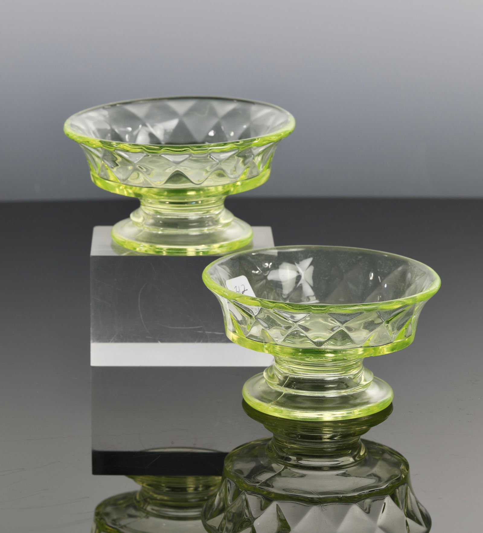 1880s BRYCE BROS. VASELINE GLASS PAIR FOOTED BERRY BOWLS URANIUM DIAMOND QUILT (1 of 7)