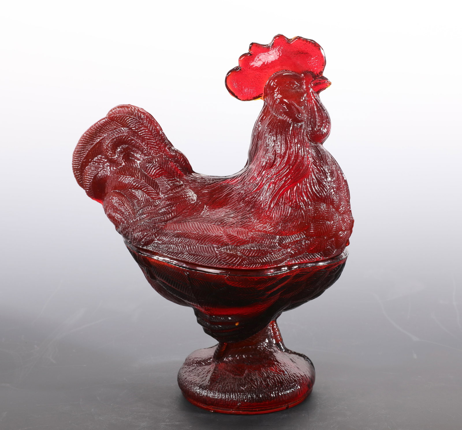 RUBY RED ROOSTER FORM PEDESTAL LIDDED CANDY DISH (1 of 8)