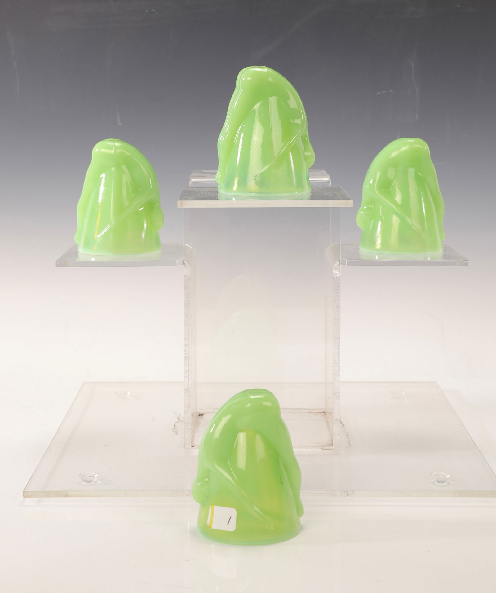 4 ART DECO McKEE JADEITE GLASS "BOTTOMS UP" SHOT GLASS SET: A set of four Art Deco McKee jadeite "Bottoms Up" glasses. They are marked "Pat 77725". Measures: 3.5"H x 2.5"Diameter each INV#- Yellow 1