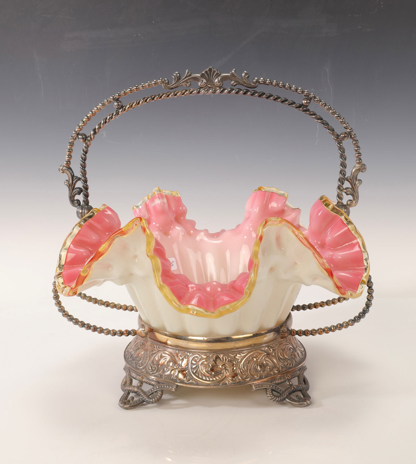 VICTORIAN ANTIQUE BRIDE'S BASKET CASED CRANBERRY OPALESCENT GLASS (1 of 9)