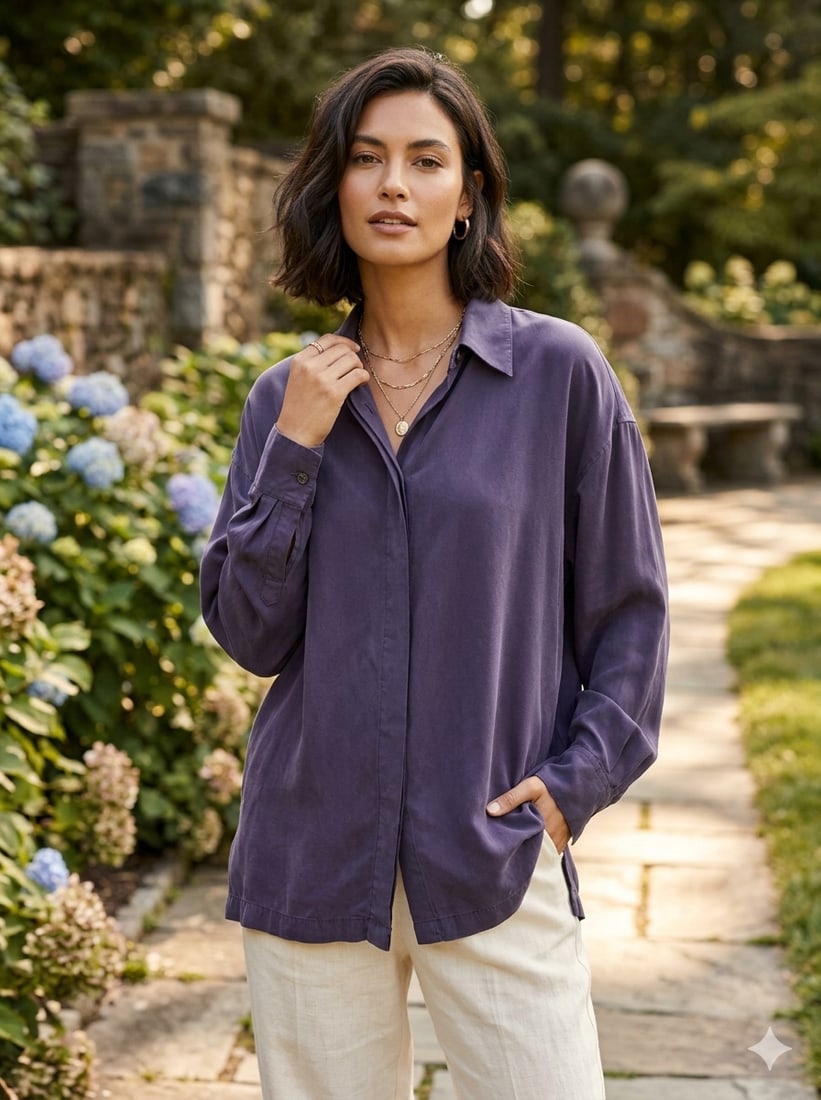 KIKIT MAURICE SASSON PURPLE SILK BLOUSE: This Kikit by Maurice Sasson blouse is a classic vintage piece from the late 1980s to early 1990s, showcasing the era's signature blend of high-end textiles and relaxed, oversized silhouettes. Detaile