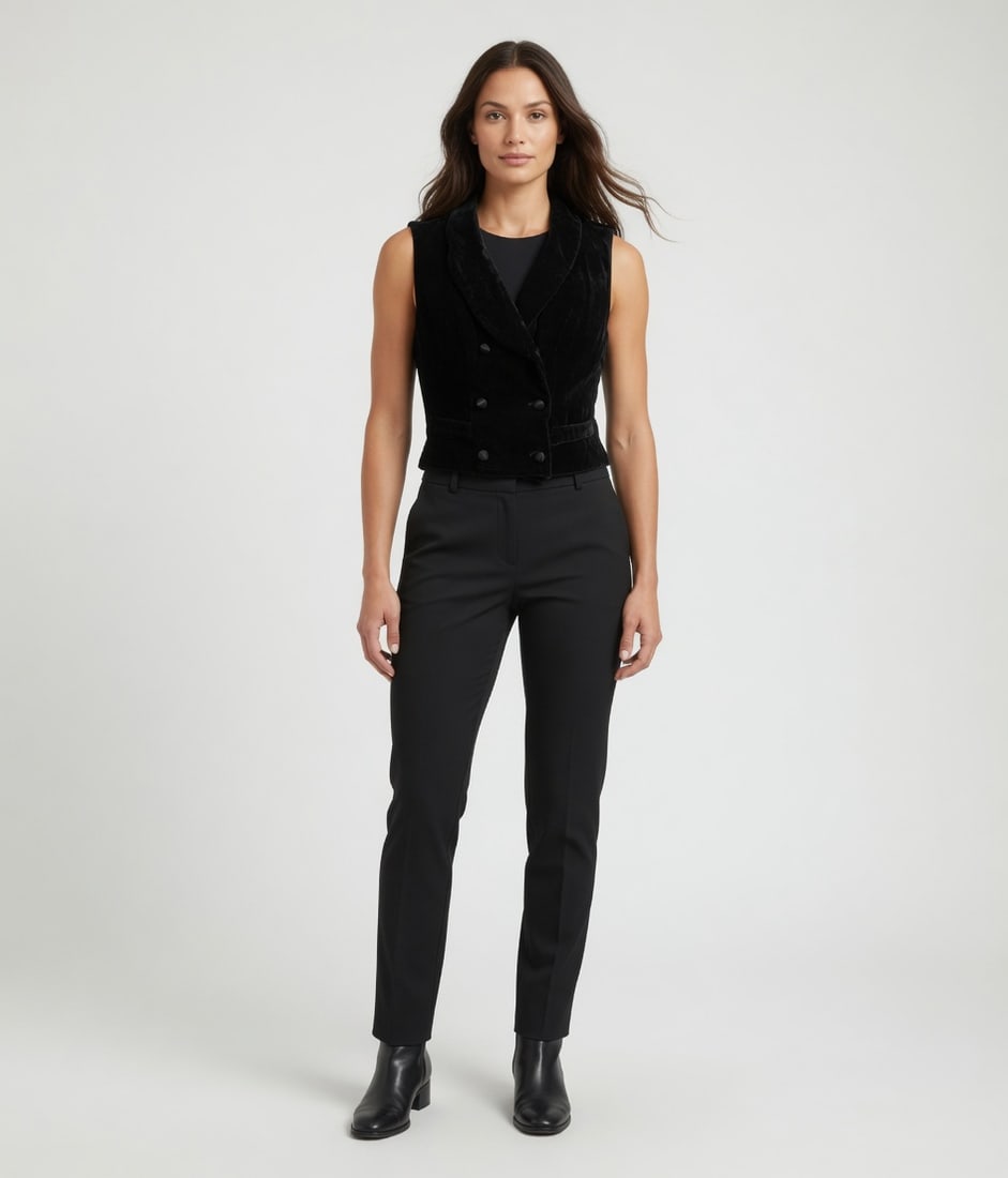 DKNY BLACK VELVET MINIMALIST VEST: This vintage DKNY (Donna Karan New York) black velvet vest is a sophisticated staple of the 1990s "Quiet Luxury" and minimalist aesthetic. As a piece from the DKNY Essentials line, it was designed as 