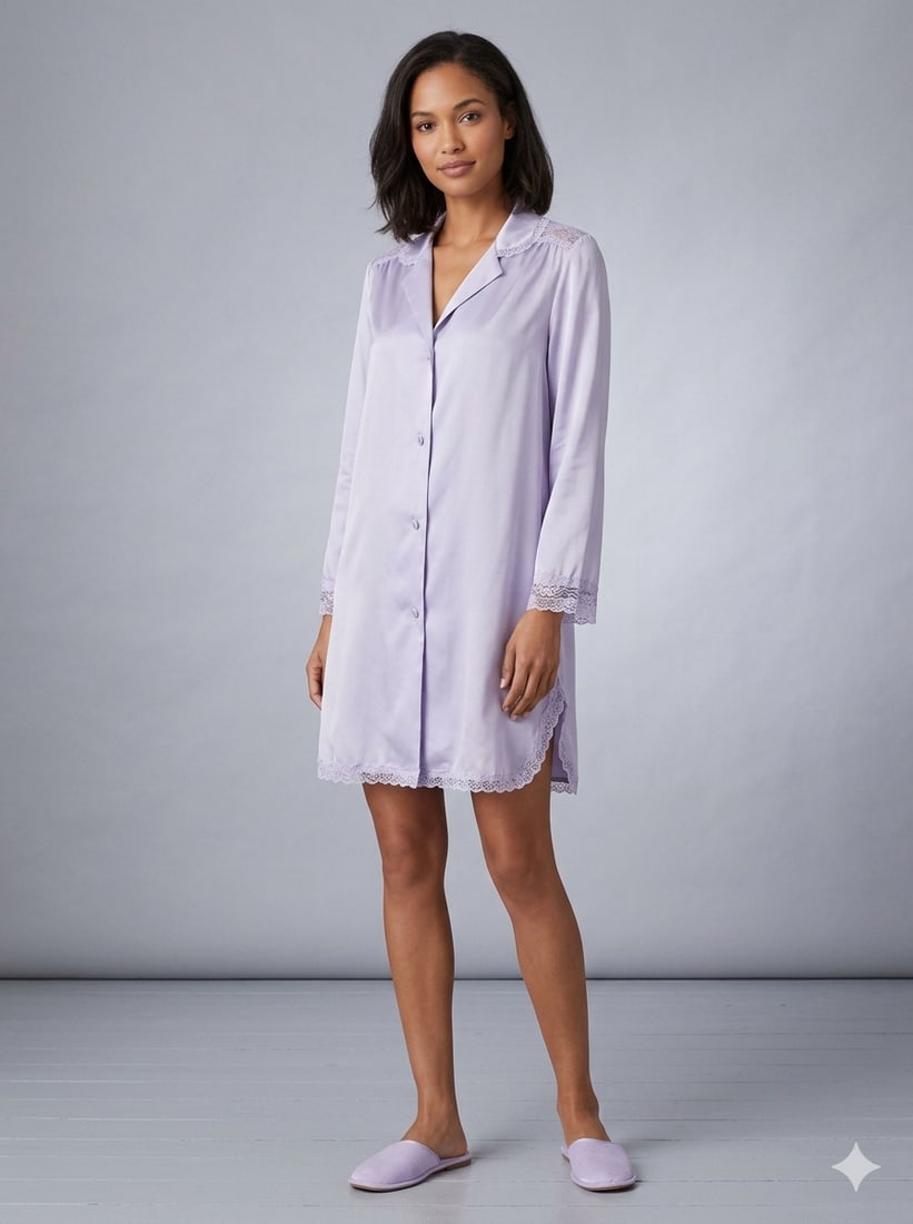 CHRISTIAN DIOR LAVENDER SILK LINGERIE NIGHTSHIRT: This garment is an authentic vintage Christian Dior Lingerie piece, likely from the 1980s or 1990s. During this era, Dior widely licensed its name for high-quality, "mass-market" luxury loungewear oft