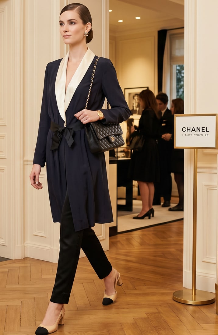 CHANEL BOUTIQUE SHEER SILK TUXEDO SYTLE JACKET: This vintage Chanel Boutique jacket is a refined, tuxedo-inspired piece, likely from the early 1990s, that blends classic evening wear with a relaxed silhouette. Design Features Material: It is crafte